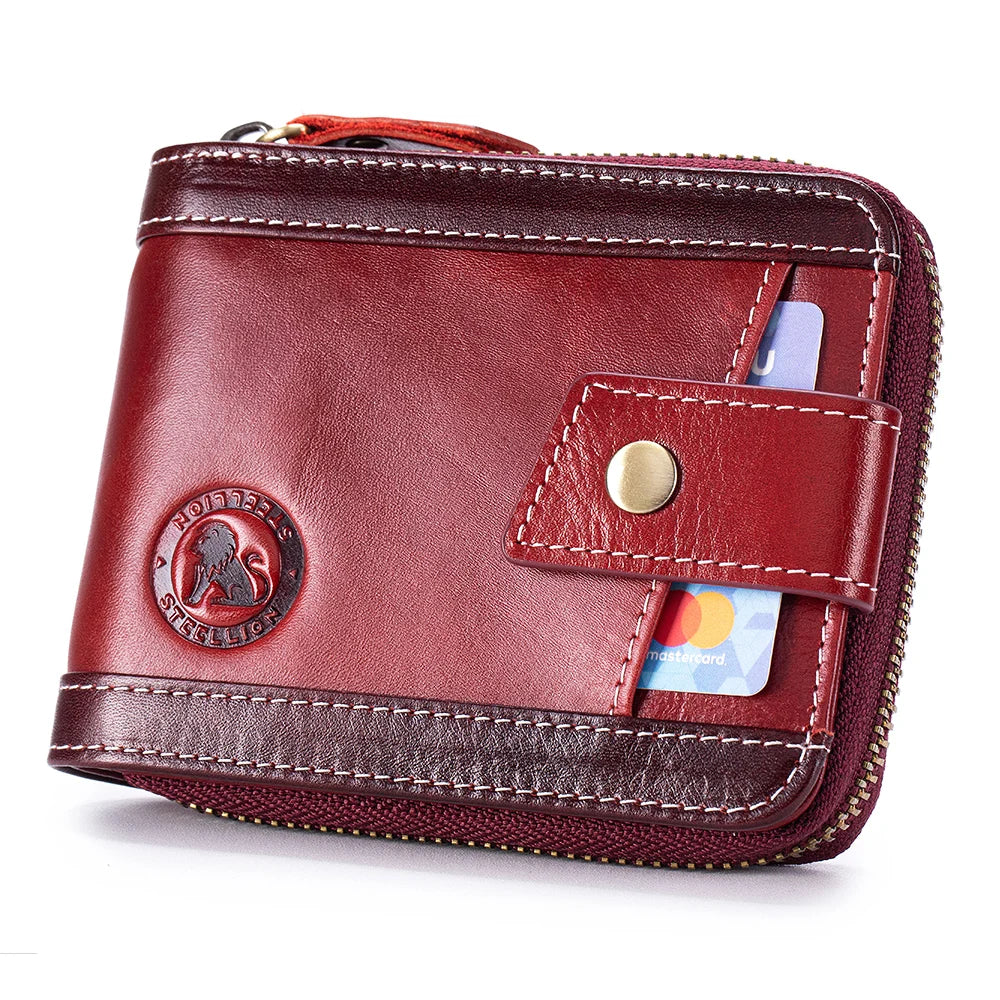 Men's Leather Zipper Wallet with Coin Purse & Card Slots