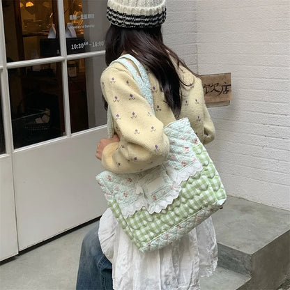 Kawaii Quilted Canvas Tote Bag – Lace Plaid Shoulder Handbag