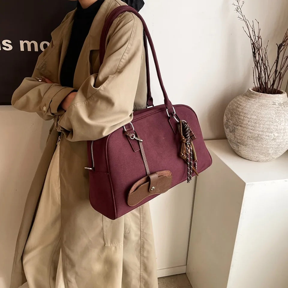 Large Suede Bowling Bag with Long Strap for Women