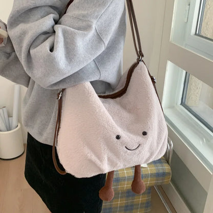 Cute Plush Shoulder Bag Women Large Capacity Furry Tote Handle Comfortable Versatile Texture
