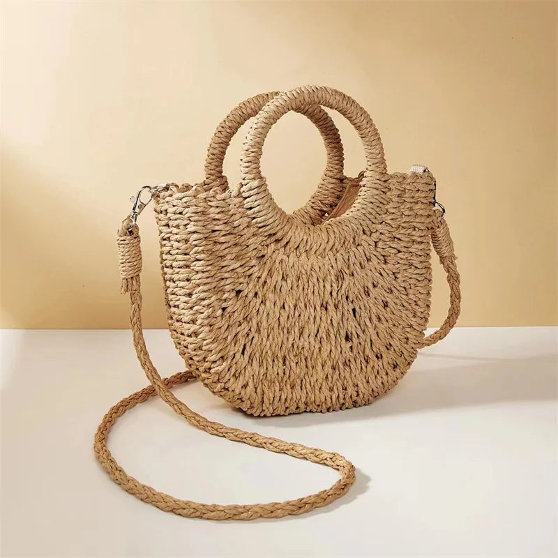 Moon-Shaped Straw Handbag – Handmade Women Beach & Crossbody Bag
