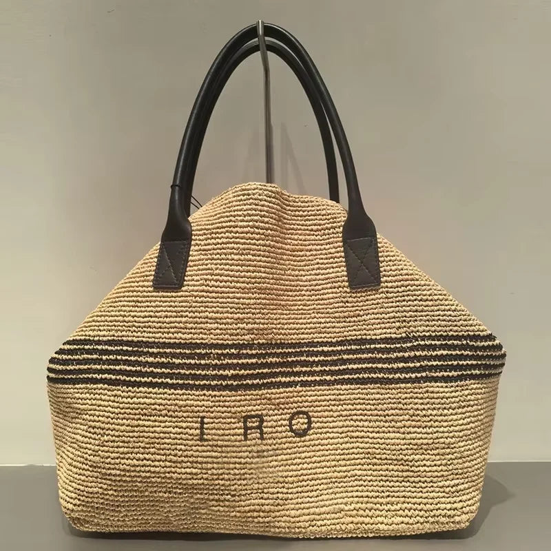 Large Woven Straw Tote Bag – Luxury PU Leather Handle Beach Bag