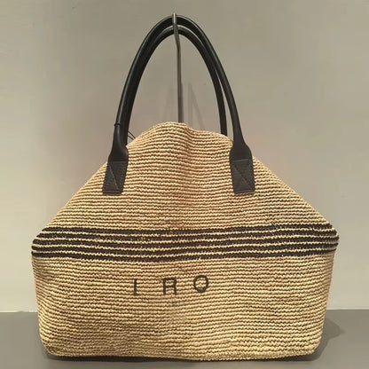 Large Woven Straw Tote Bag – Luxury PU Leather Handle Beach Bag