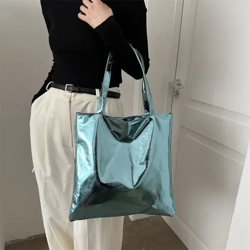 Metallic Tote Bag for Women – Shiny PU Leather Shoulder Bag