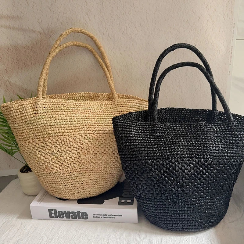 Raffia Crochet Tote Bag – Bohemian Woven Beach Shoulder Bag