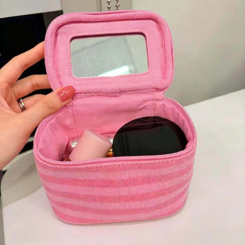 Makeup Bag with Mirror – Korean Striped Cosmetic Pouch