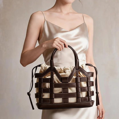 Woven Leather Basket Tote Bag – Women's Drawstring Handbag