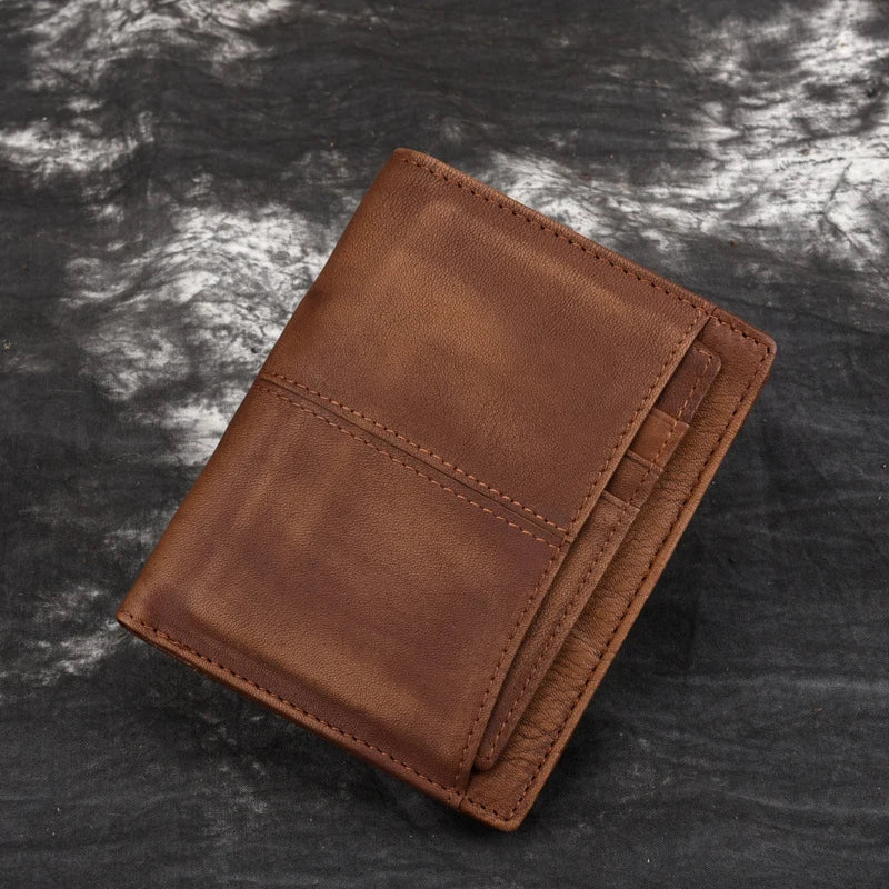 Men's Genuine Leather Slim Trifold Wallet – Retro Western Style Card Holder