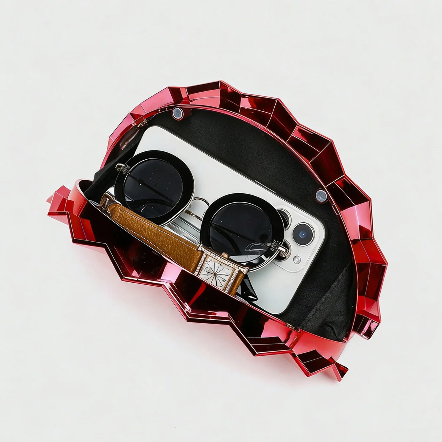 Fan-Shaped Metallic Clutch Bag with Chain Strap