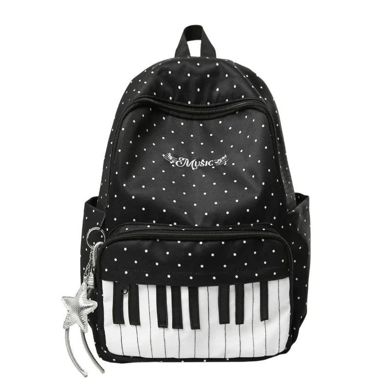 Cute Piano Key Print Backpack Women Polka Dot Music Theme School Bag Stylish Star Charm Student