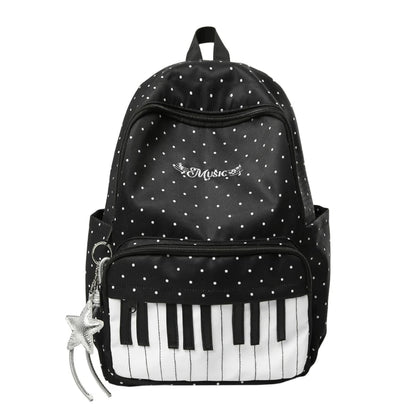 Cute Piano Key Print Backpack Women Polka Dot Music Theme School Bag Stylish Star Charm Student