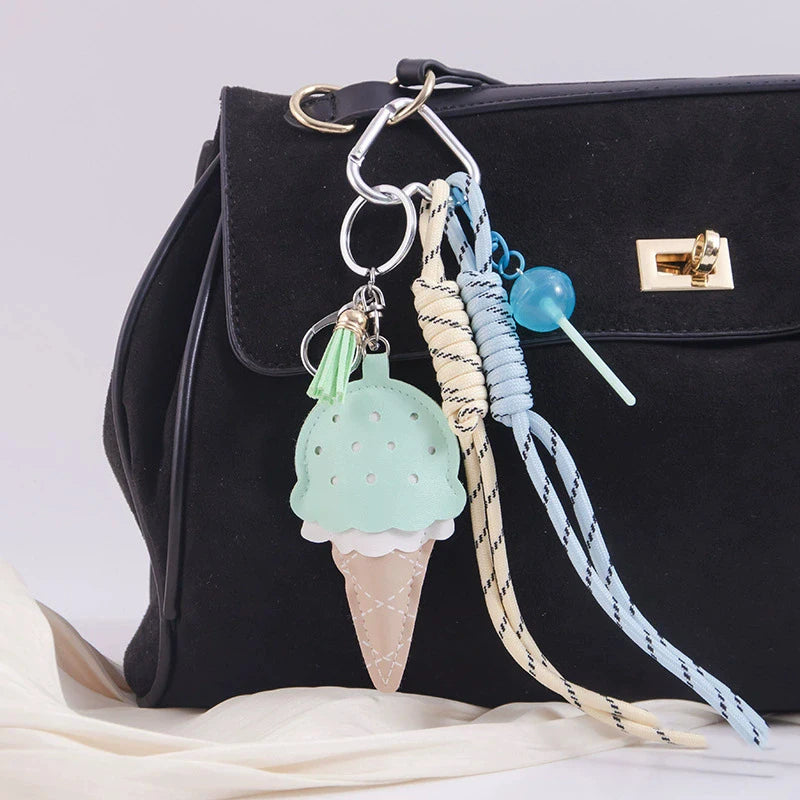 Ice Cream Cone Keychain Bag Charm with Woven Rope Tassel