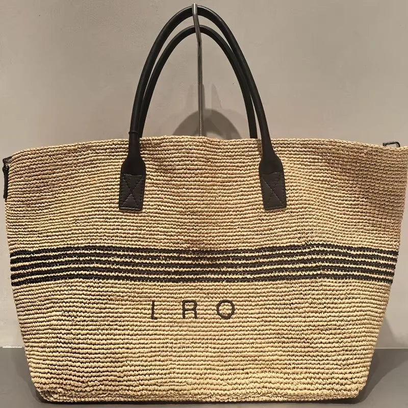 Large Woven Straw Tote Bag – Luxury PU Leather Handle Beach Bag