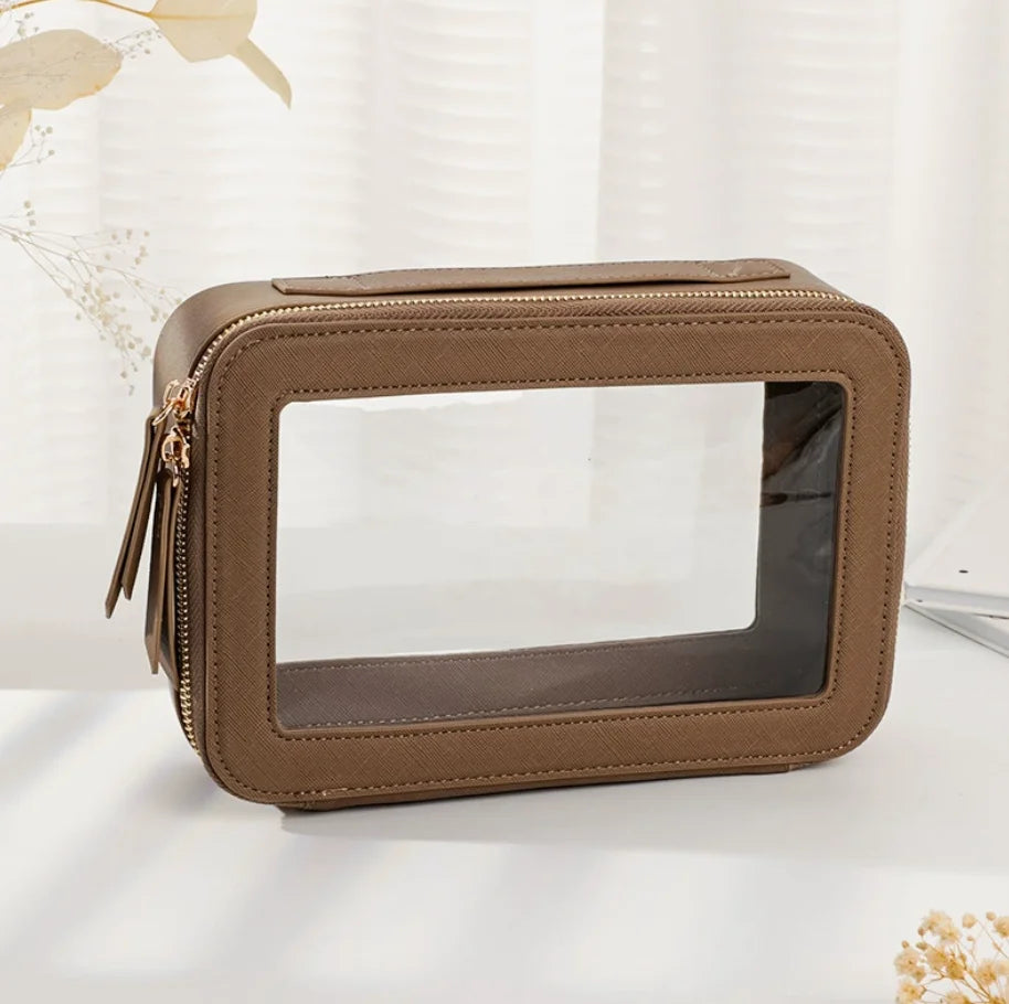 Transparent PVC Window Makeup Bag – PU Leather Travel Cosmetic Organizer