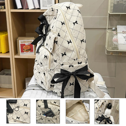 Corduroy Bow Backpack – Cute Large Capacity College School Bag