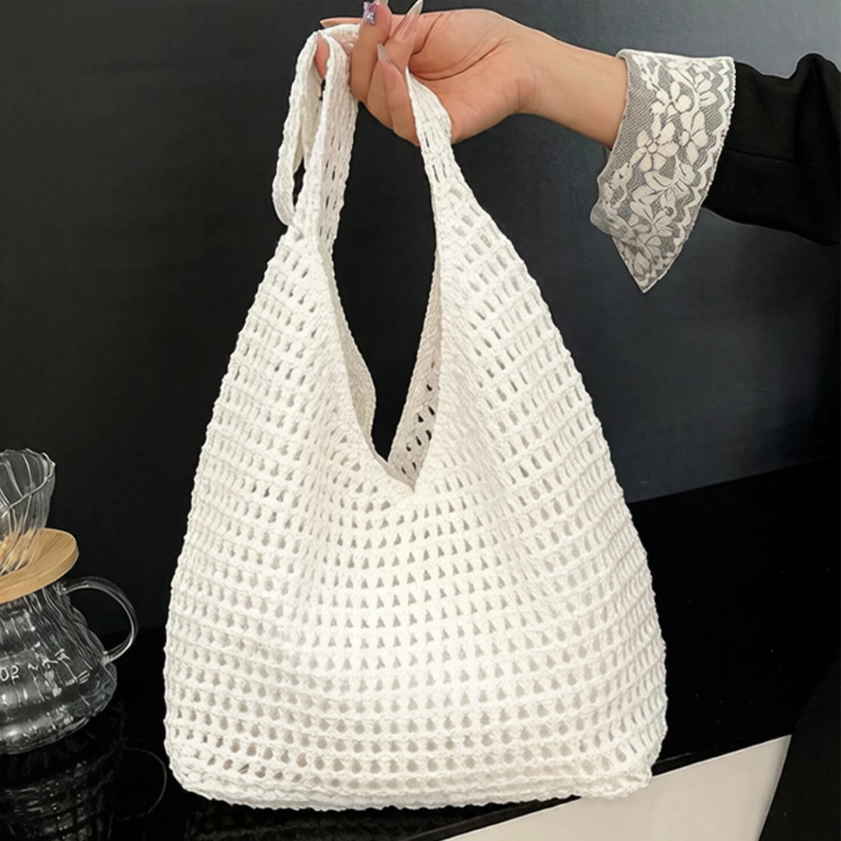 Crochet Shoulder Bag for Women – Large Mesh Knit Hobo Tote