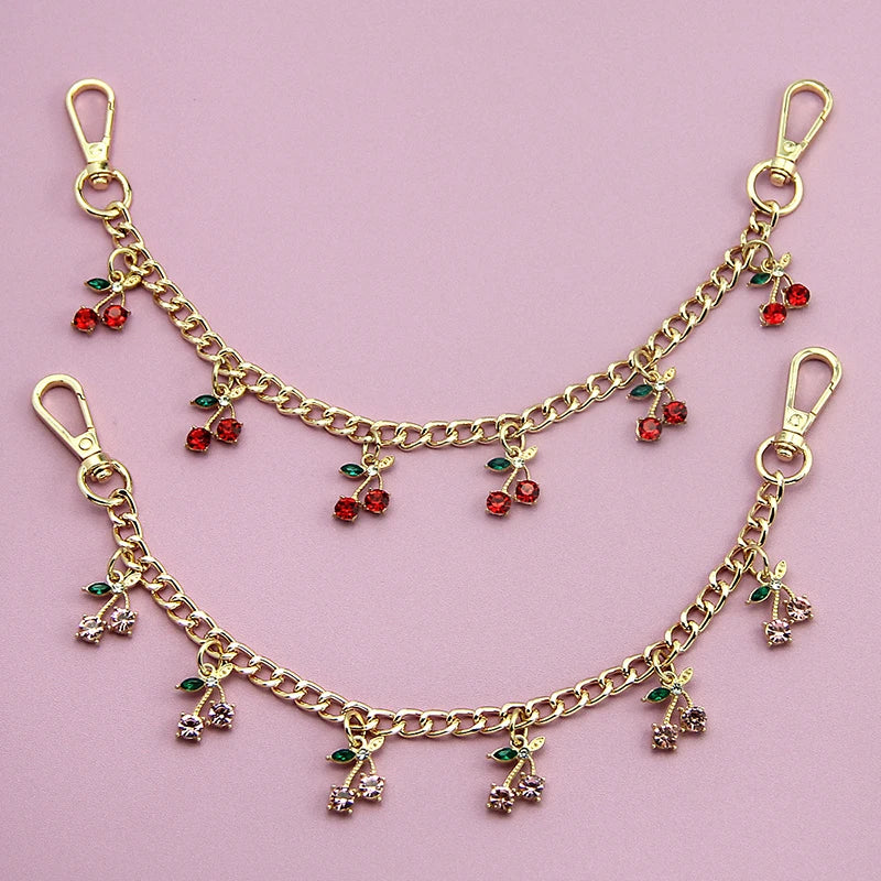 Crystal Cherry Bag Charm Chain with Dual Gold Clips