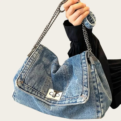 Denim Chain Shoulder Bag for Women – Large Capacity Retro Hobo