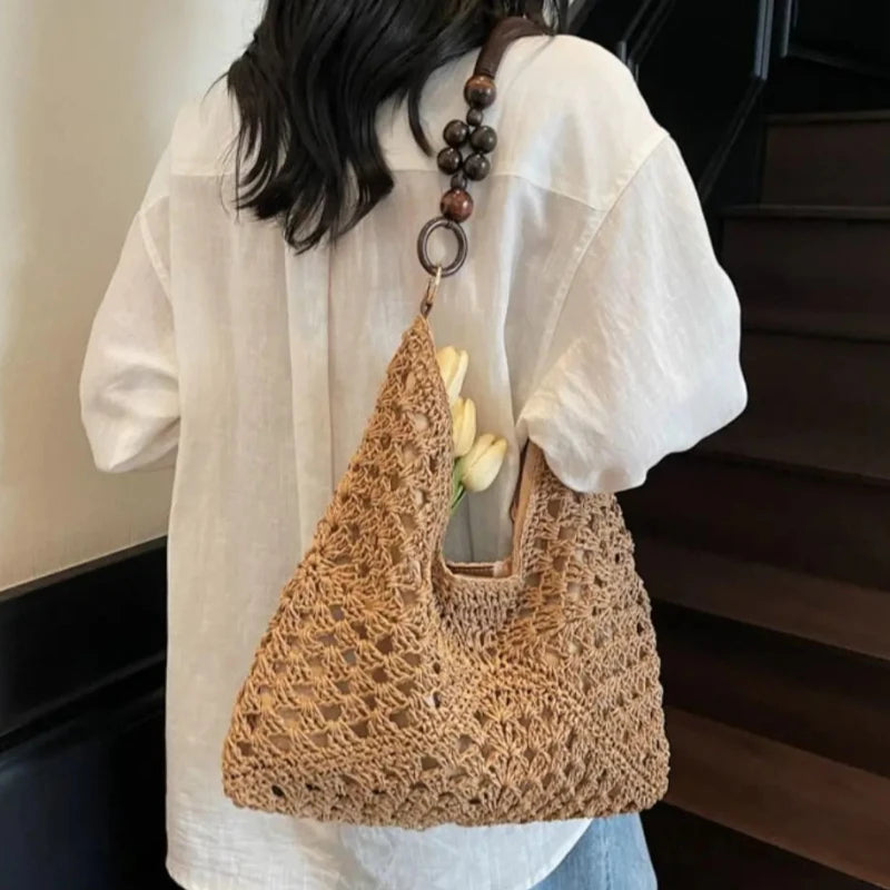 Bohemian Straw Woven Tote Bag – Large Capacity Beach Shoulder Bag