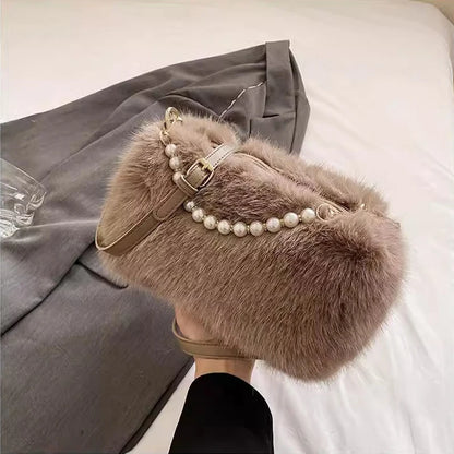 Plush Faux Fur Crossbody Bag with Pearl Chain Strap