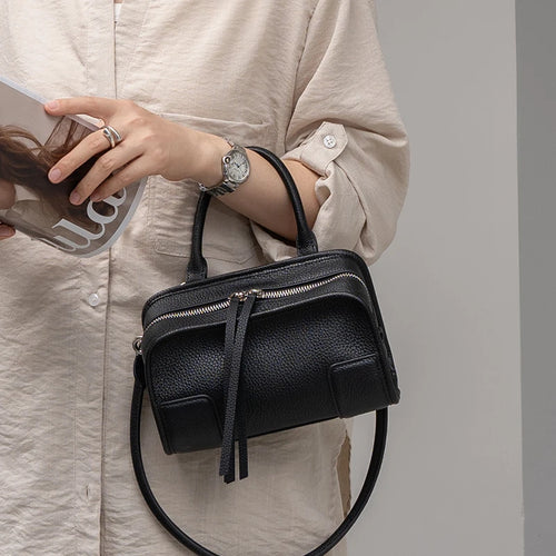 Genuine Leather Mini Boston Bag – Women's Luxury Top Handle Crossbody