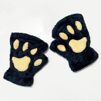 Cat Paw Fingerless Gloves – Cute Fluffy Winter Mittens for Women & Girls