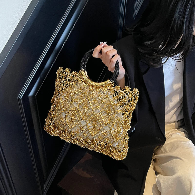 Woven Hollow Handbag – Luxury Metallic Mesh Top Handle Bag