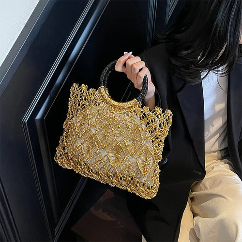 Woven Hollow Handbag – Luxury Metallic Mesh Top Handle Bag