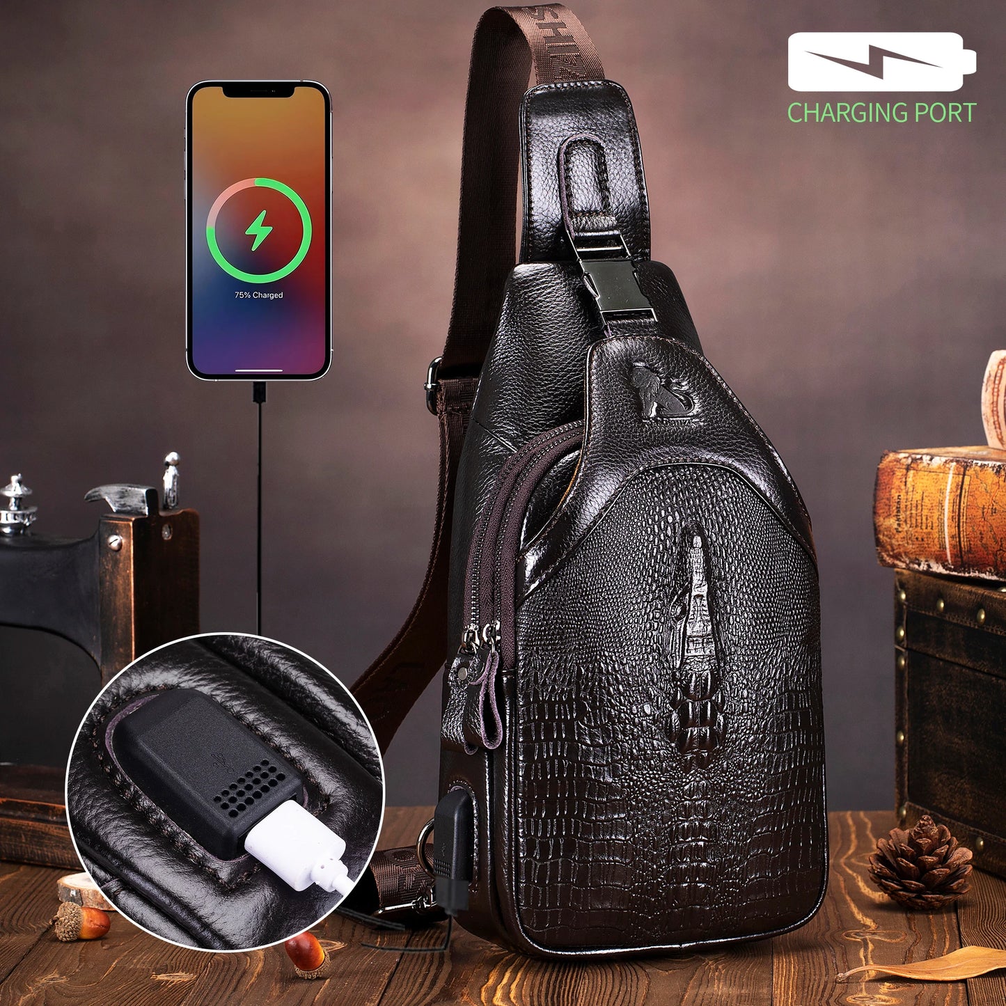 Men's Leather Chest Bag – Crocodile Pattern Sling with USB Charging