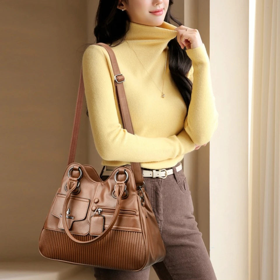 Vegan Leather Tote Handbag with Multi-Pocket & Crossbody Strap