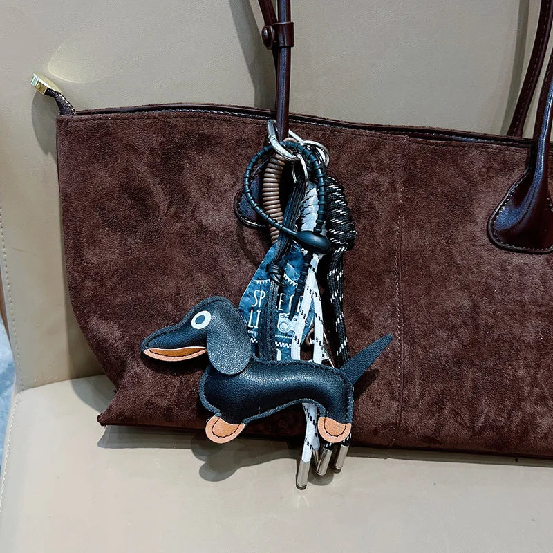 Dachshund PU Leather Keychain Bag Charm with Braided Tassel