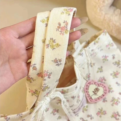 Large Capacity Floral Canvas Tote Bag with Lace Bow