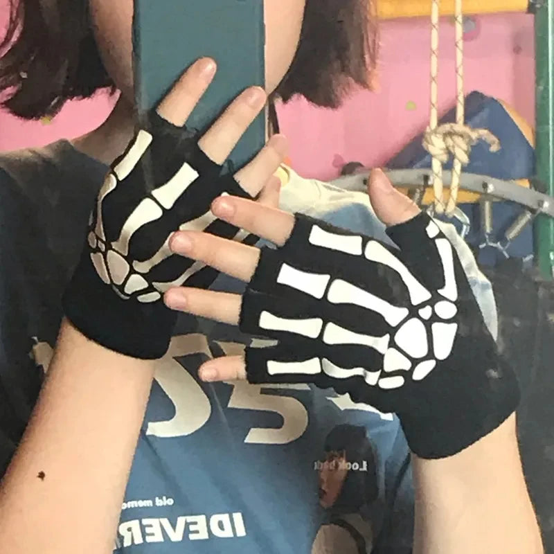 Skeleton Skull Fingerless Gloves – Glow in the Dark Punk Knit
