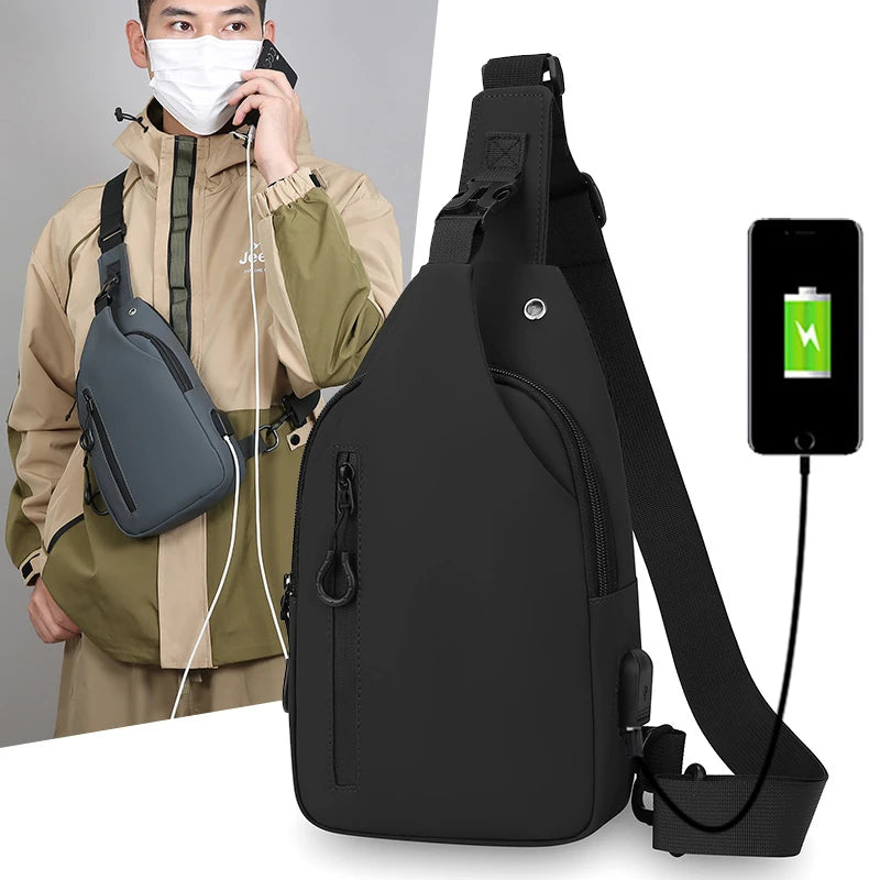 Men's Nylon Crossbody Chest Bag with USB Charging Port