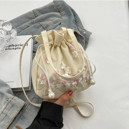Floral Embroidery Drawstring Bucket Bag – Chinese Crossbody Handbag