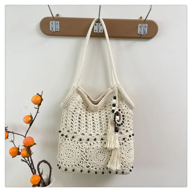 Crochet Tote Bag – Boho Beach Bag with Tassel, Beads & Adjustable Strap