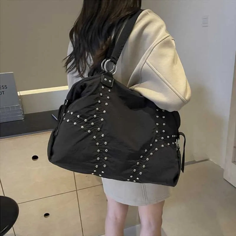 Women's Nylon Rivet Tote Bag – Large Shoulder Commuter Handbag
