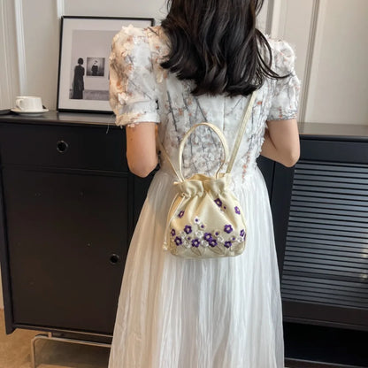 Floral Embroidery Drawstring Bucket Bag – Chinese Crossbody Handbag
