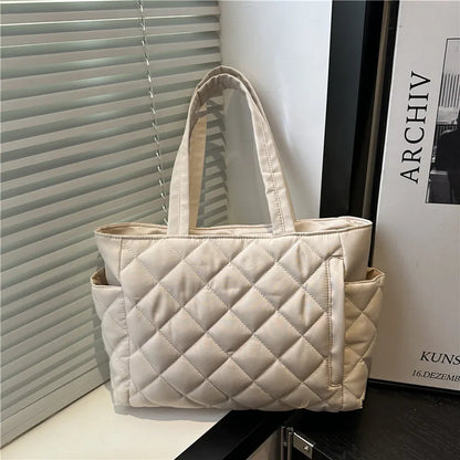 Cotton Shoulder Bag - Large Capacity Diamond Pattern Tote for Women