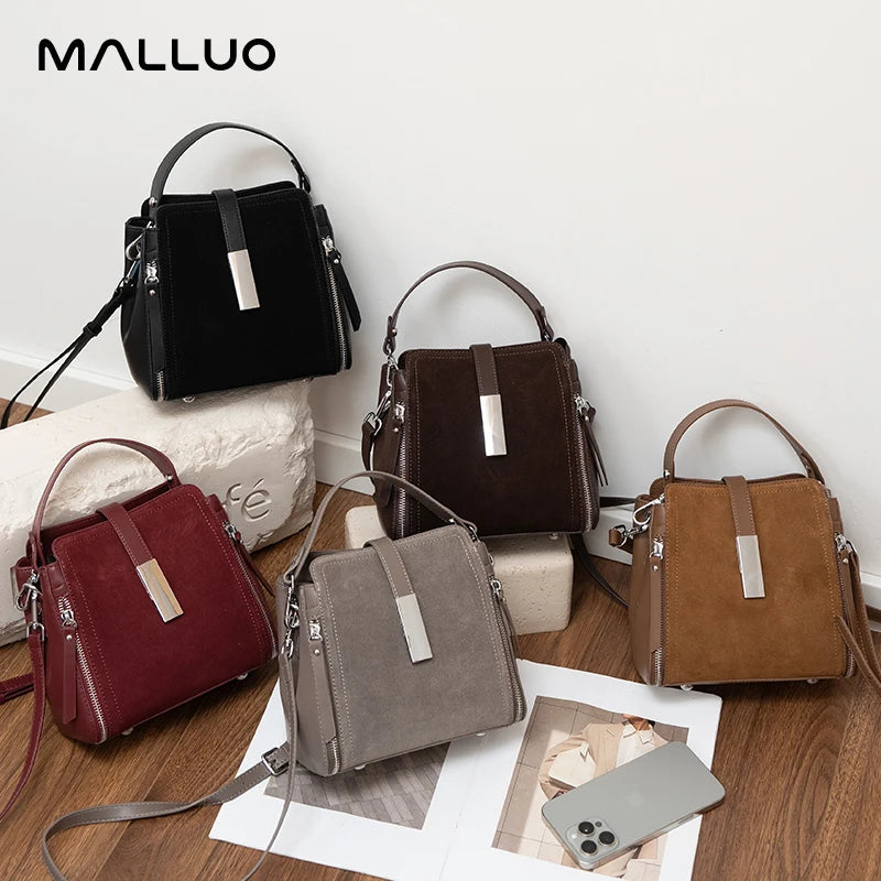 Suede Leather Shoulder Bag - Vintage Cowhide Handbag for Women