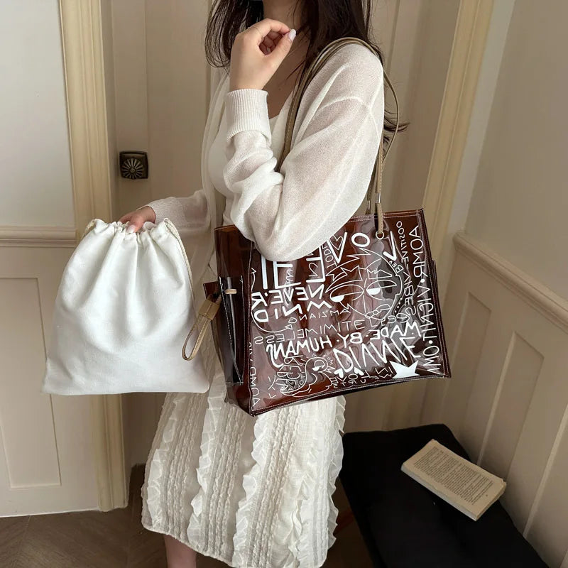Transparent Pvc Jelly Tote Bag Inner Pouch Graffiti Letter Print Large Capacity Shoulder Summer