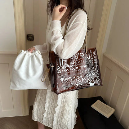 Transparent Pvc Jelly Tote Bag Inner Pouch Graffiti Letter Print Large Capacity Shoulder Summer
