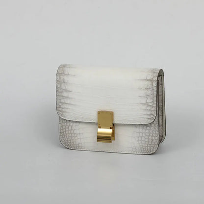 Crocodile Leather Square Shoulder Bag for Women – White