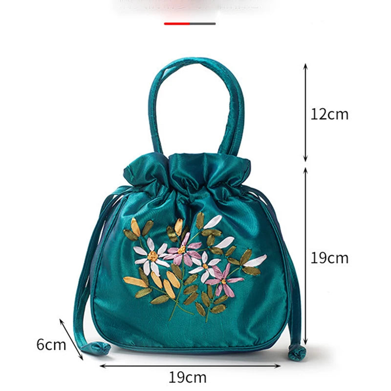 Embroidered Drawstring Handbag – Floral Satin Bucket Bag