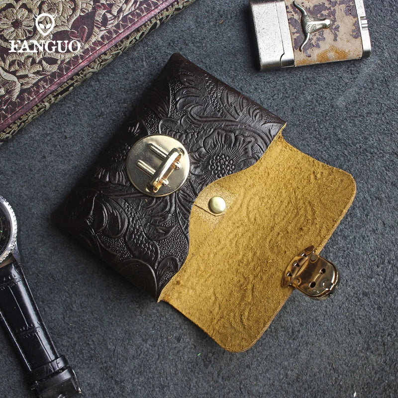 Genuine Leather Card Holder Wallet with Floral Embossing & Twist Lock