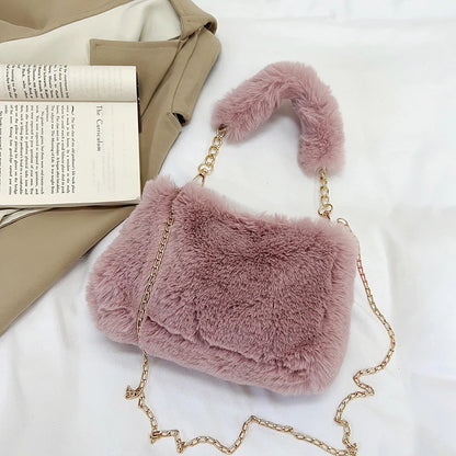 Faux Fur Crossbody Bag for Women – Fluffy Plush Chain Shoulder Purse