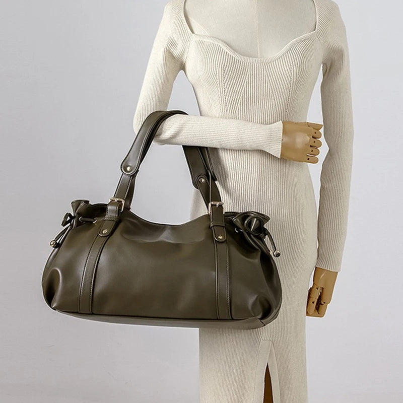 Vintage Large Ruched Drawstring Soft Leather Tote Bag Women S Crossbody Simple Handbag Commuter