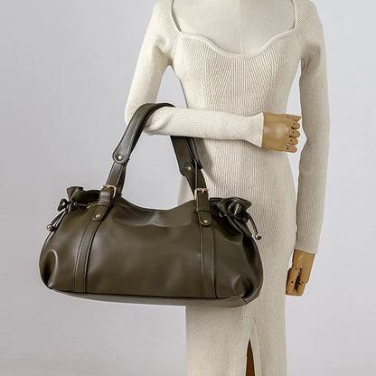 Vintage Large Ruched Drawstring Soft Leather Tote Bag Women S Crossbody Simple Handbag Commuter