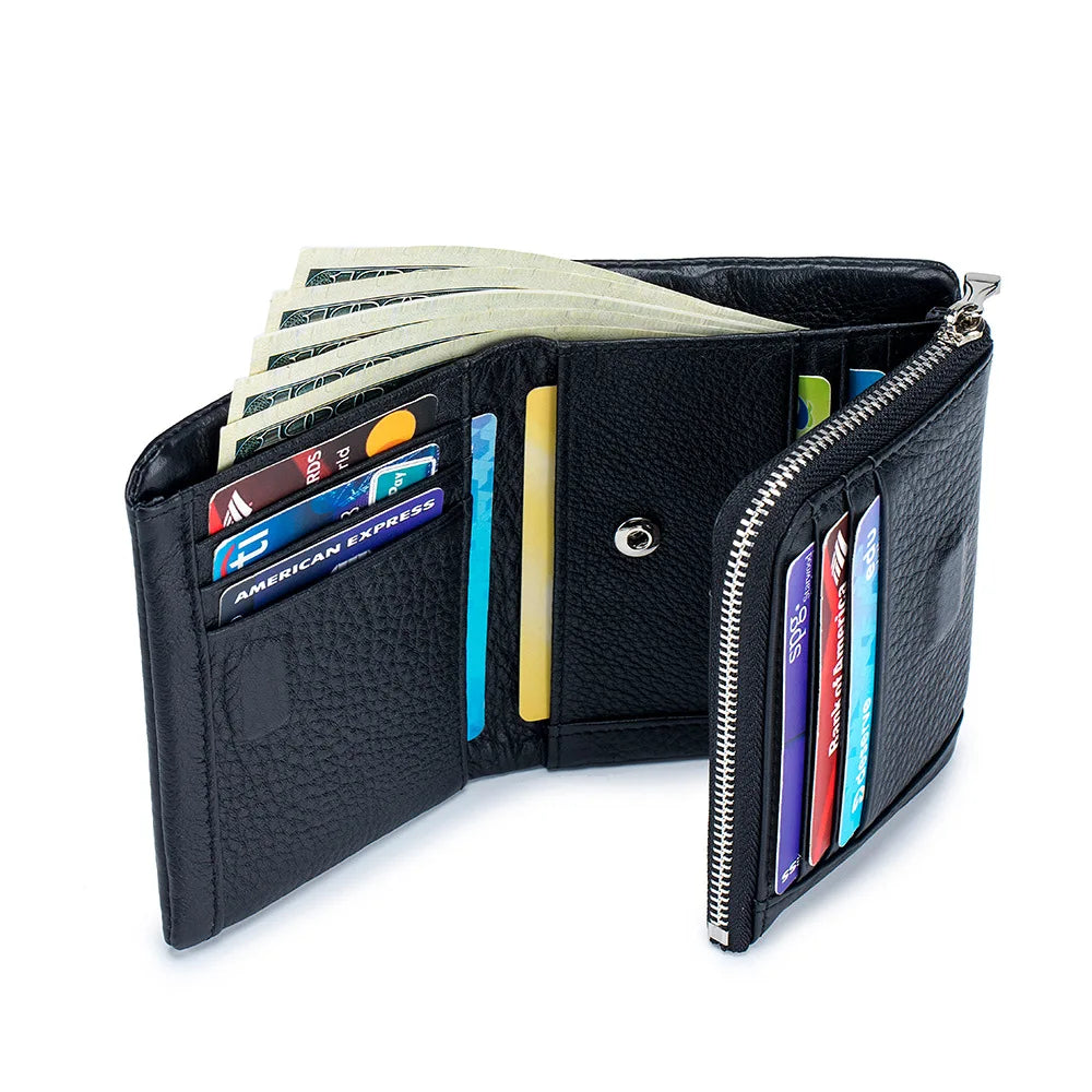 Genuine Cowhide Leather Trifold Wallet with Zipper Coin Pocket