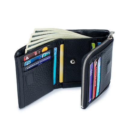 Genuine Cowhide Leather Trifold Wallet with Zipper Coin Pocket